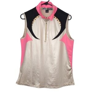Jamie Sadock Women's Large Satin Cream Pink Black‎ Stretch Sleeveless Polo